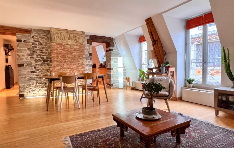 Salon et salle à manger de l'Appartement Duplex situé au centre-ville de Besançon - Arrière-Cour, agence immobilière spécialisée à Besançon