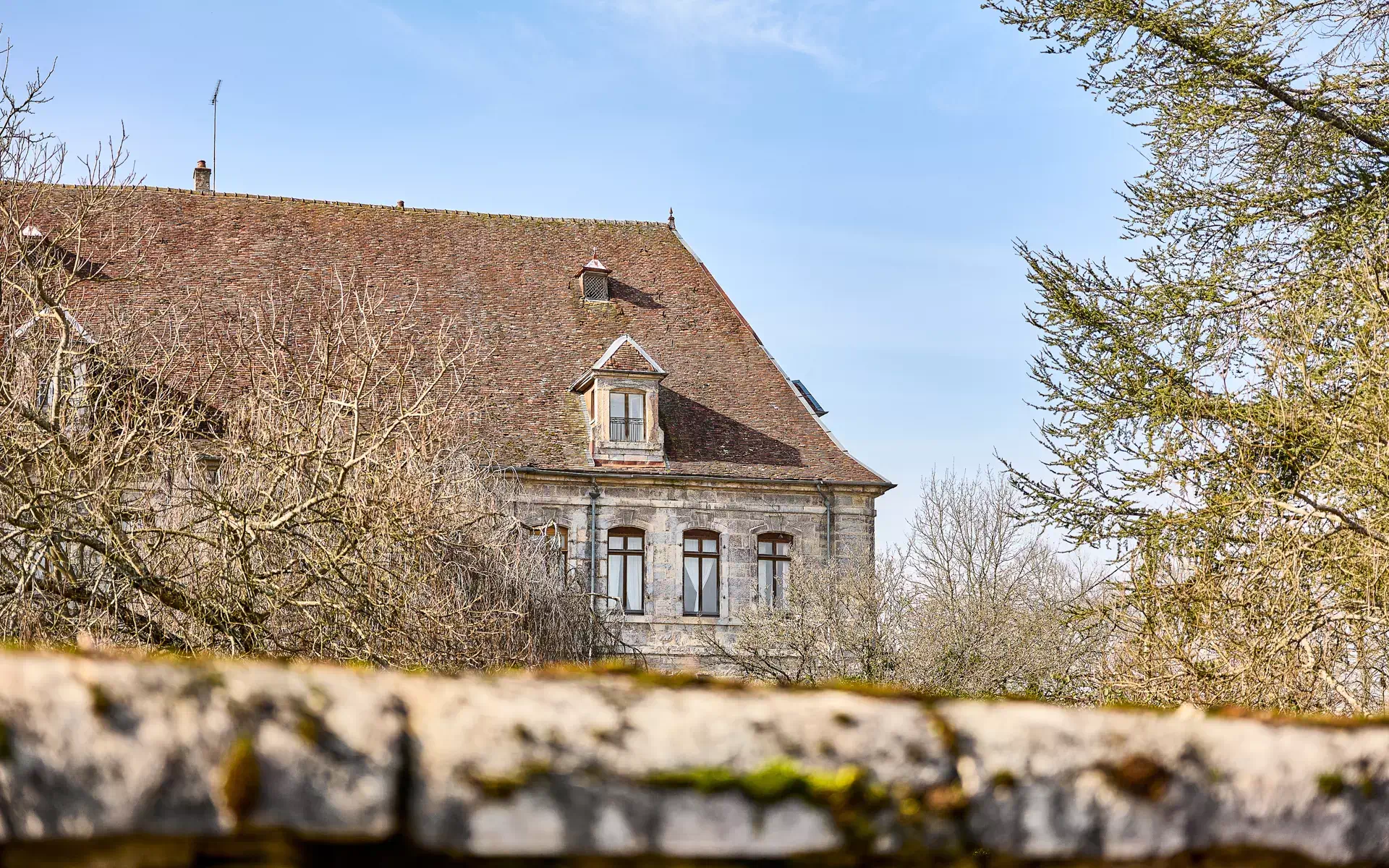 Château de Fraisans derrière un muret - Arrière-Cour, agence immobilière spécialisée dans le Jura