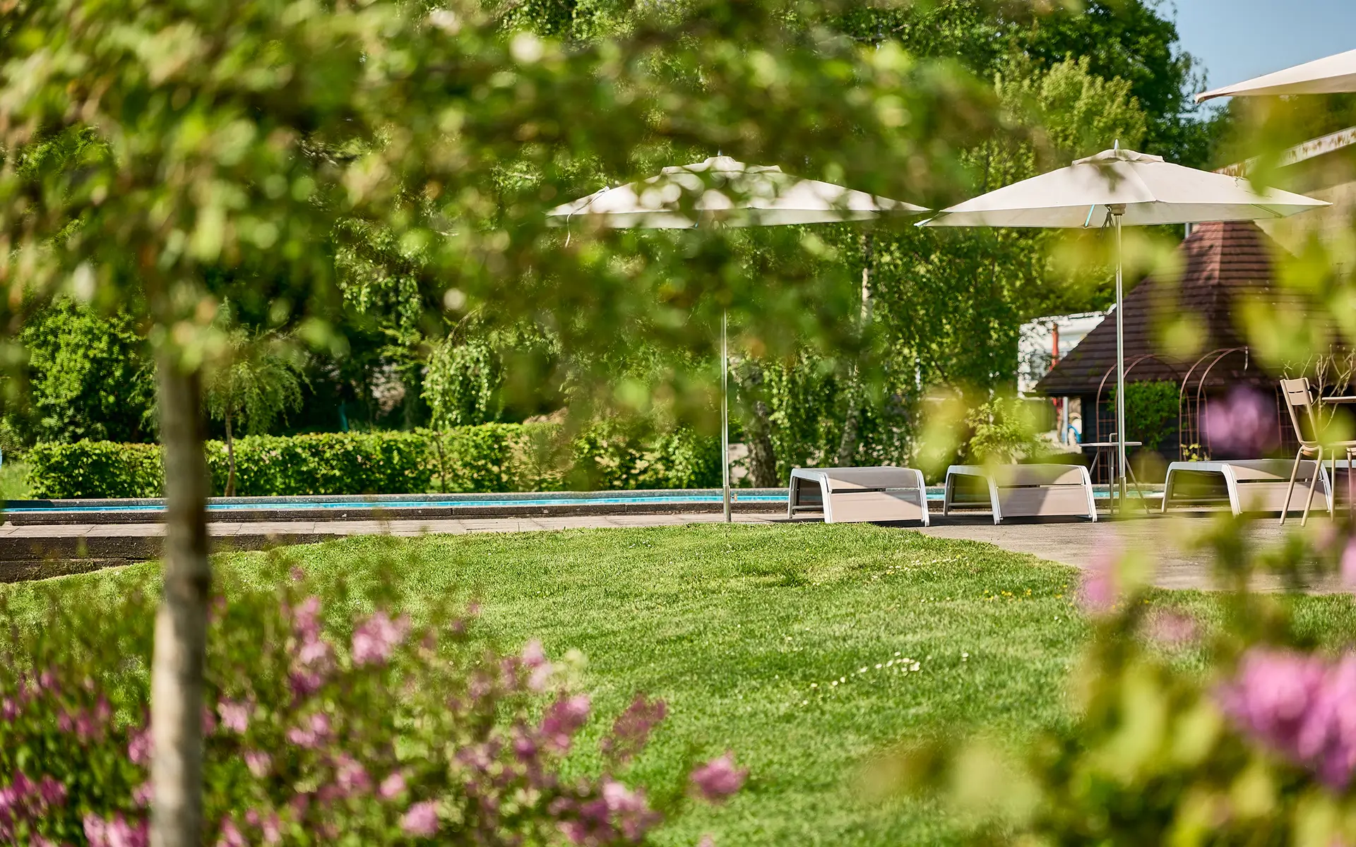 Vue piscine - demeure lumineuse avec piscine aux abords de Besançon à vendre - Arrière-Cour, agence immobilière spécialisée dans le Doubs