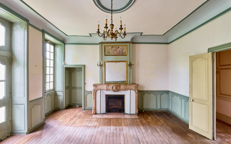 Pièce avec cheminée de la maison de maître en Haute-Saône à vendre - Arrière-Cour, agence immobilière spécialisée en Haute-Saône