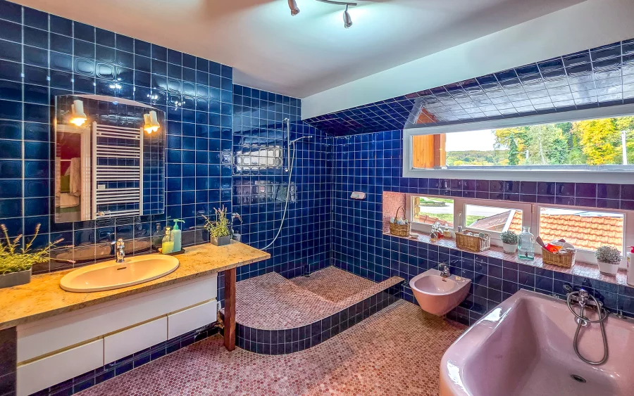 Salle de bain de la maison vue sur lac proche de Langres à vendre - Arrière-Cour, agence immobilière spécialisée dans la Haute-Marne