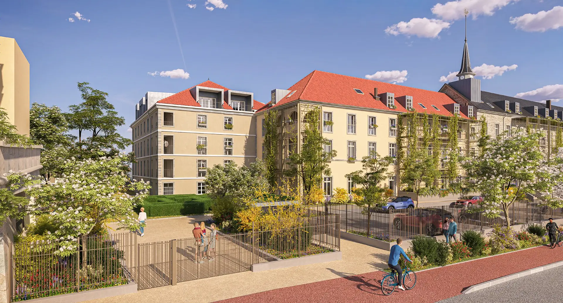 Aménagement extérieur de l'appartement atypique dans l’ancienne chapelle Saint-Joseph à Besançon à vendre - Arrière-Cour, agence immobilière spécialisée dans le Doubs