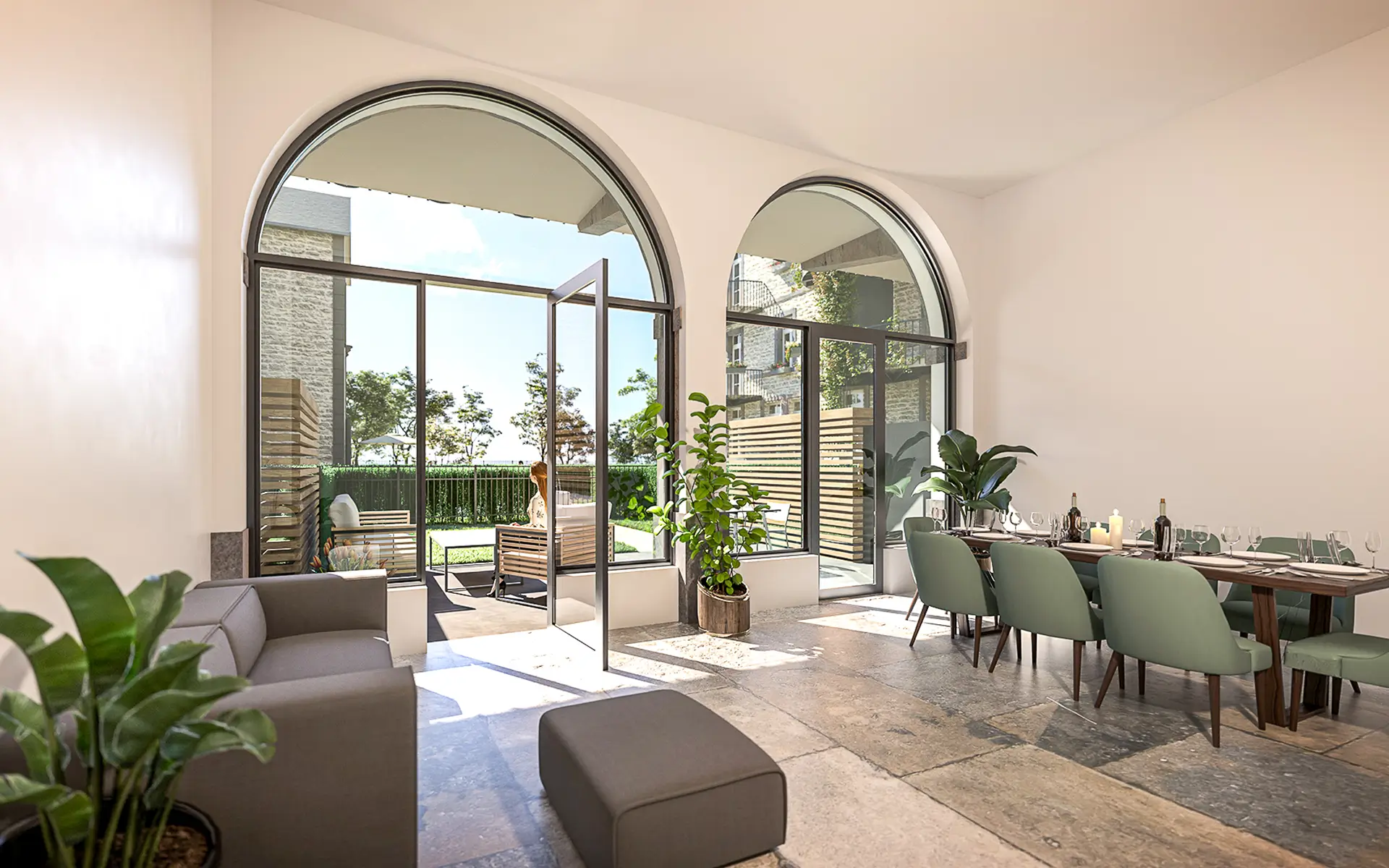 Pièce à vivre de l'appartement atypique dans l’ancienne chapelle Saint-Joseph à Besançon à vendre - Arrière-Cour, agence immobilière spécialisée dans le Doubs