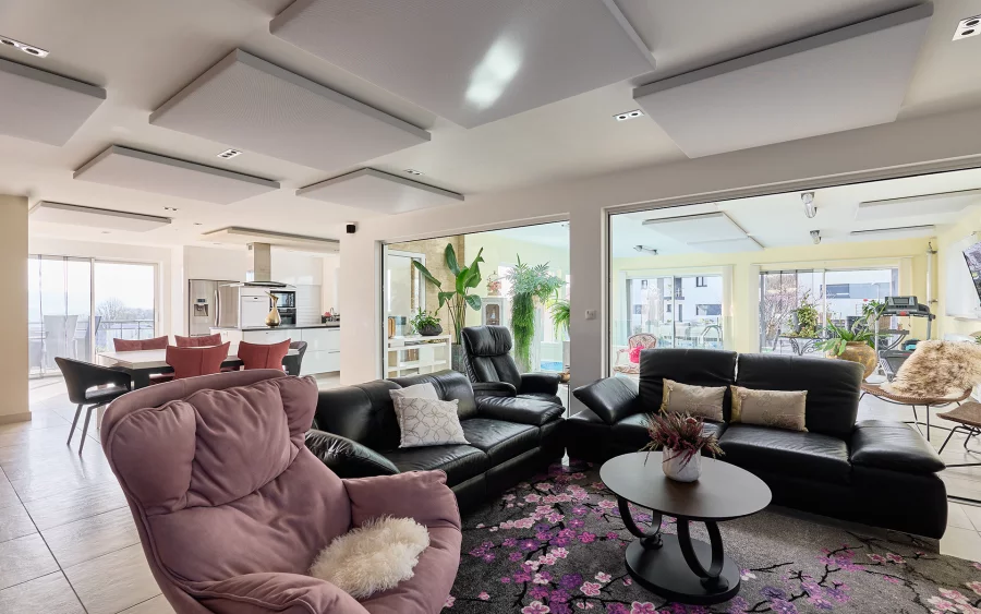 Pièce à vivre de la maison moderne écologique près de Belfort à vendre - Arrière-Cour, agence immobilière spécialisée dans le Territoire de Belfort