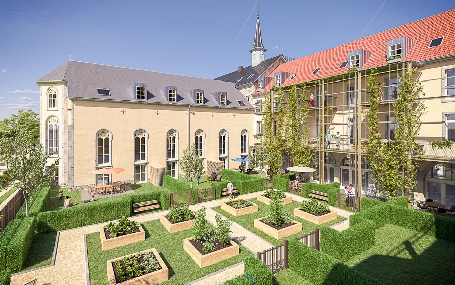 Verdure et façade de l'appartement atypique dans l’ancienne chapelle Saint-Joseph à Besançon à vendre - Arrière-Cour, agence immobilière spécialisée dans le Doubs