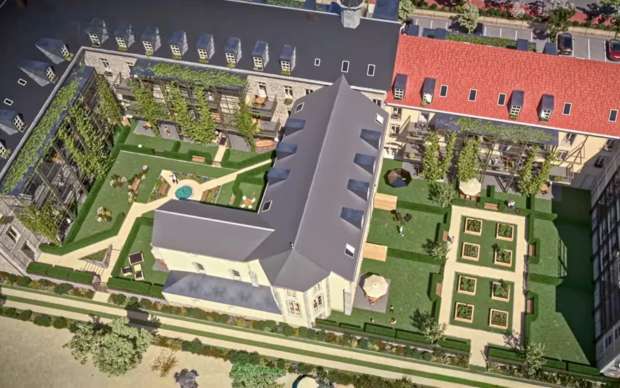 Vue drone de l'appartement atypique dans l’ancienne chapelle Saint-Joseph à Besançon à vendre - Arrière-Cour, agence immobilière spécialisée dans le Doubs