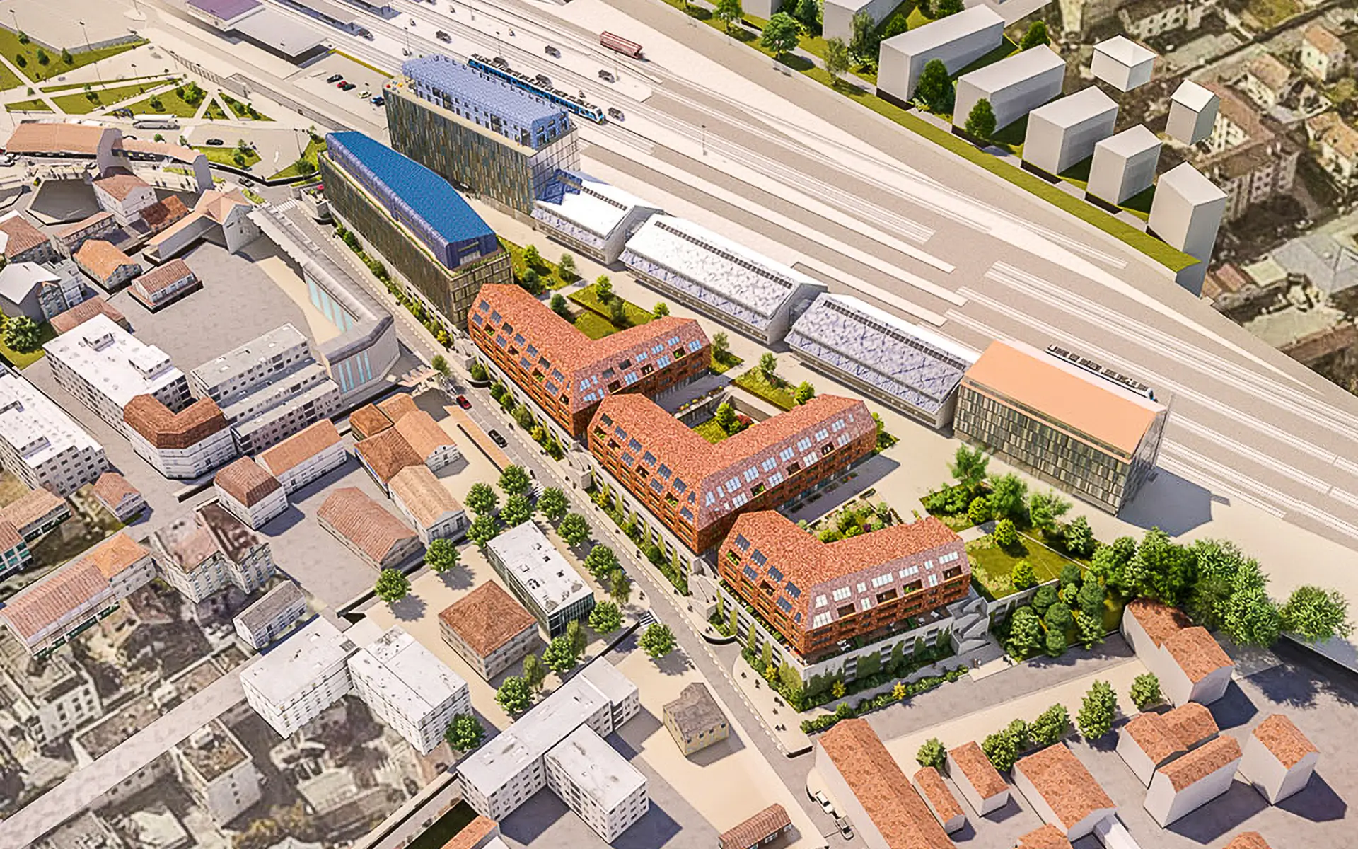 Vue drone de l'appartement haut de gamme à Besançon Chaprais à vendre - Arrière-Cour, agence immobilière spécialisée dans le Doubs