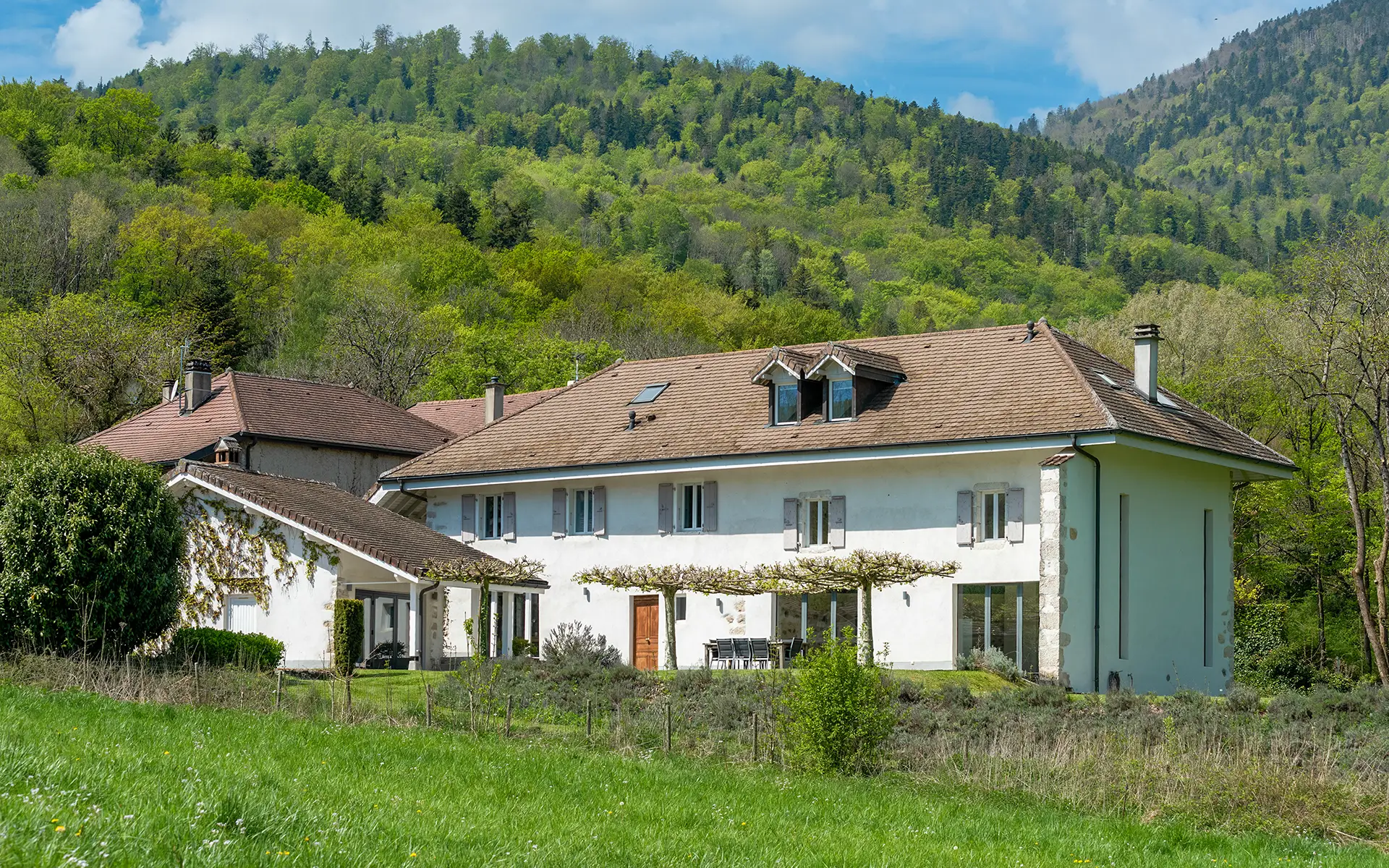 Façade et jardin de l'ancienne ferme rénovée à Divonne-les-Bains dans le Pays de Gex à vendre - Arrière-Cour, agence immobilière spécialisée dans le Pays de Gex