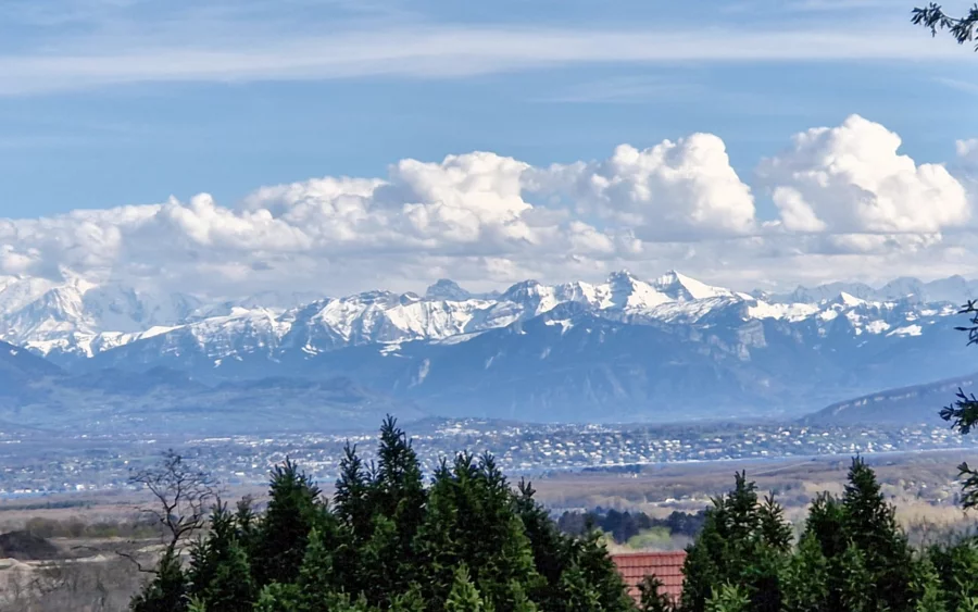 Vue sur les montagnes de la villa de caractère avec parc paysager à Gex à vendre - Arrière-Cour, agence immobilière spécialisée dans le Pays de Gex