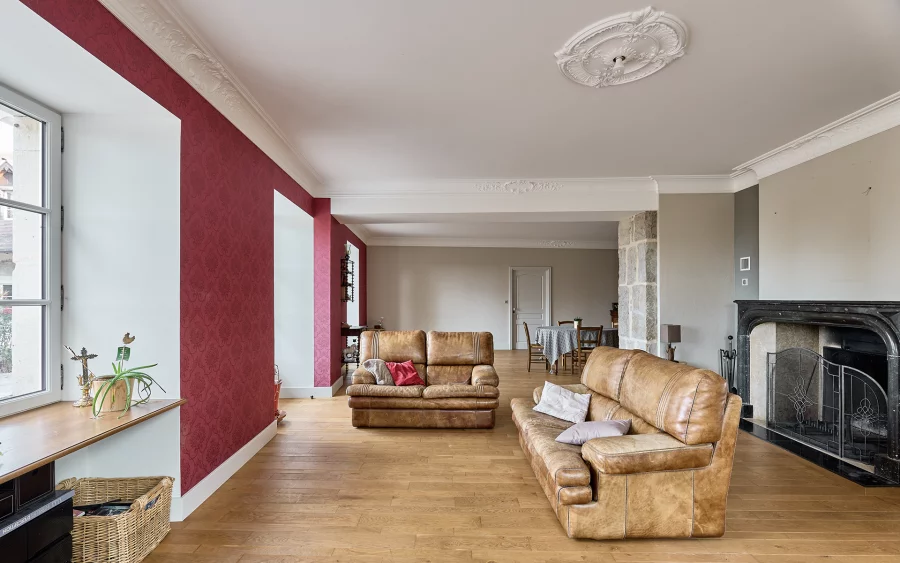 Salon de la maison vigneronne avec parc clos proche de la Château-Chalon à vendre - Arrière-Cour, agence immobilière spécialisée dans le Jura