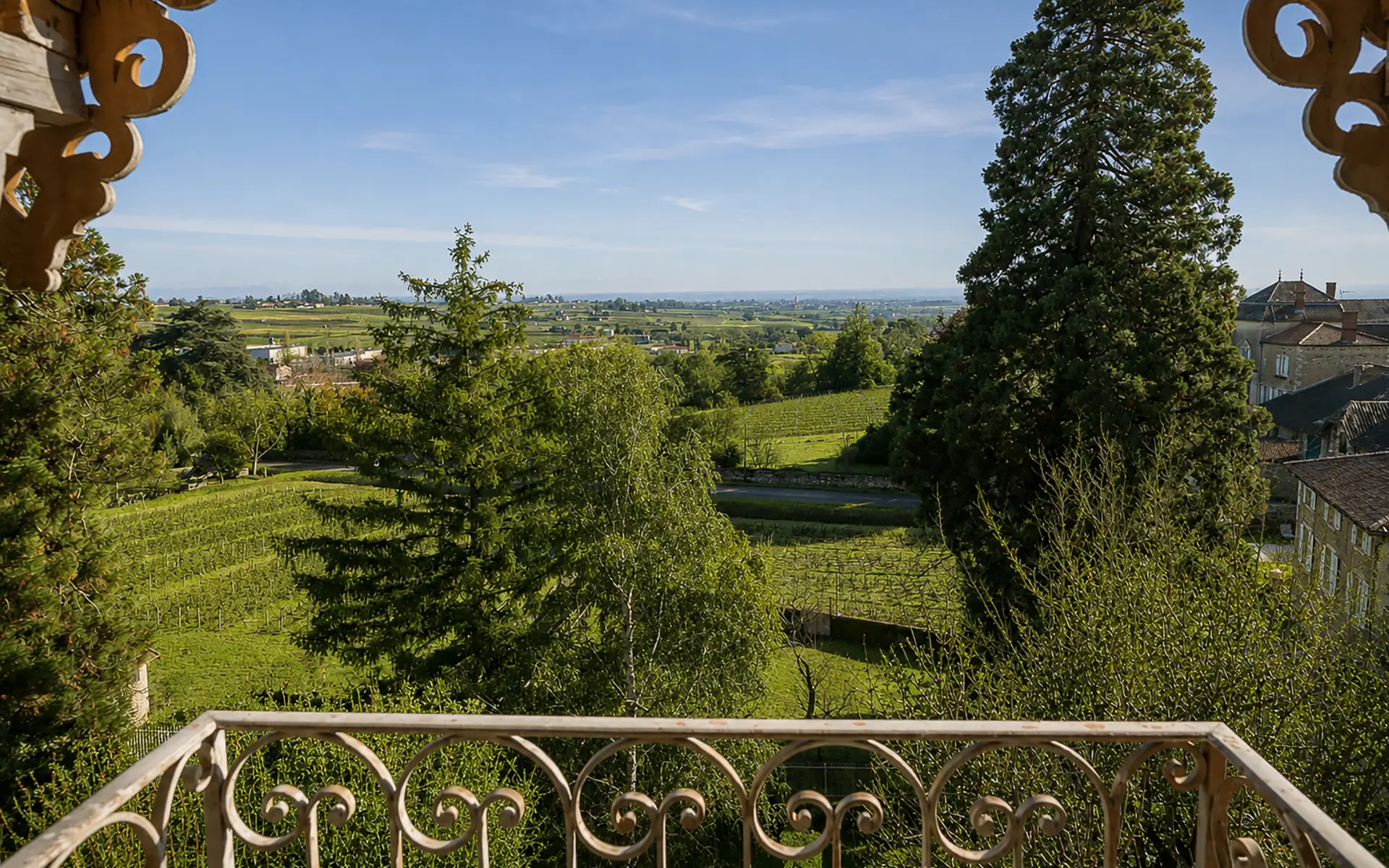 Vue depuis la demeure bourgeoise au cœur du Beaujolais viticole à vendre - Arrière-Cour, agence immobilière spécialisée dans le Rhône