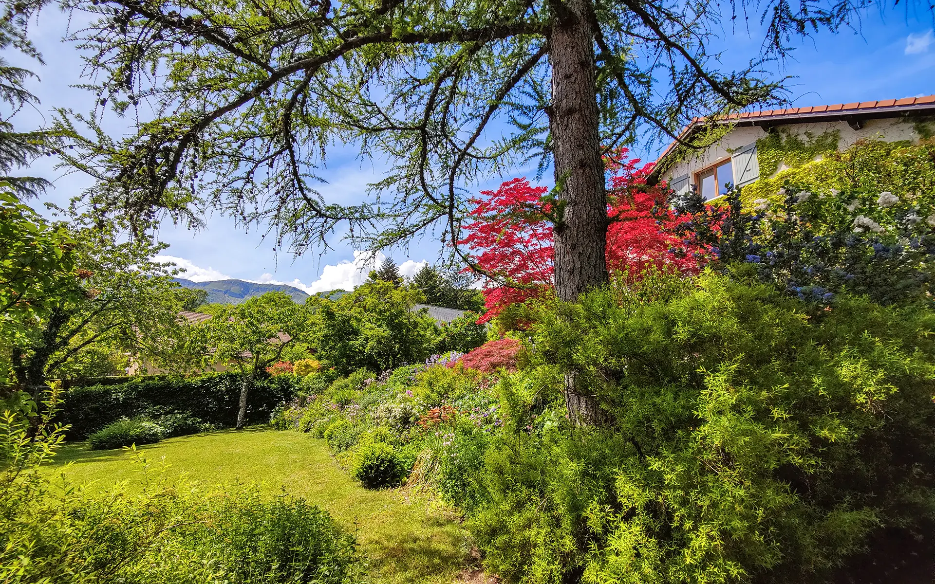 Façade de la maison familiale avec jardin et vue à Gex à vendre - Arrière-Cour, agence immobilière spécialisée dans l'Ain