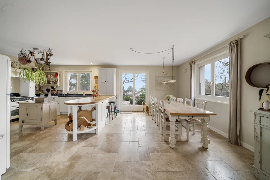 Pièce à vivre de la maison familiale avec jardin et vue à Gex à vendre - Arrière-Cour, agence immobilière spécialisée dans l'Ain