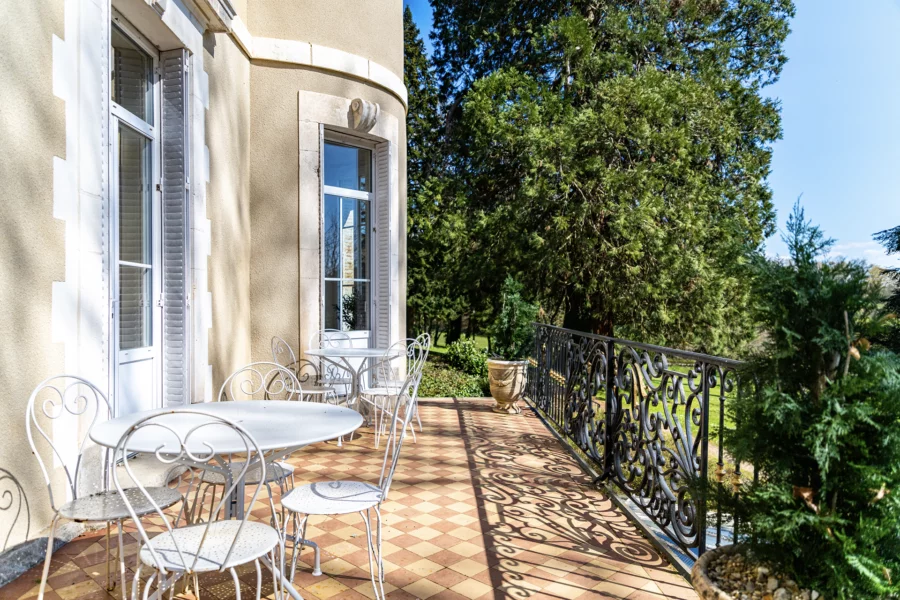 Terrasse du château et ses dépendances en Bourgogne à vendre - Arrière-Cour, agence immobilière spécialisée en Bourgogne