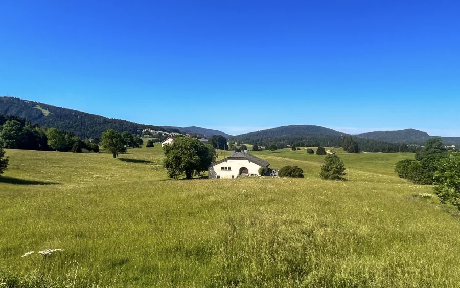Façade lumineuse de la ferme rénovée aux Rousses dans le Jura à vendre - Arrière-Cour, agence immobilière spécialisée dans le Jura