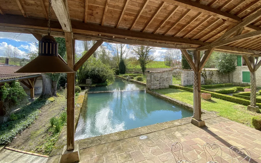 Terrasse et bassin de la propriété avec moulin ancien en Haute-Marne à vendre - Arrière-Cour, agence immobilière spécialisée en Haute-Marne