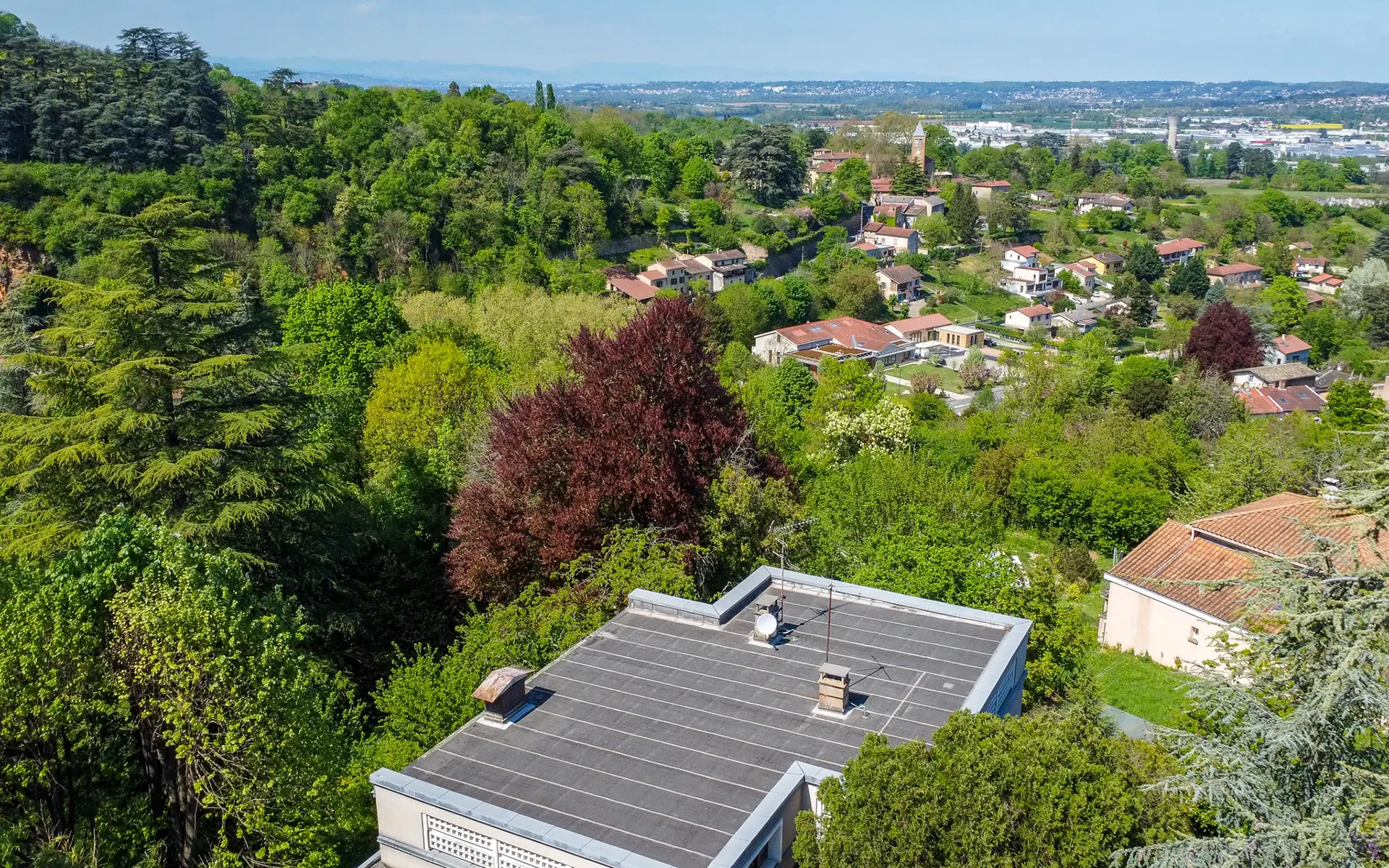 Vue sur la ville d'une maison dans un parc à Curis-au-Mont-d’Or à vendre - Arrière-Cour, agence immobilière spécialisée dans le Rhône
