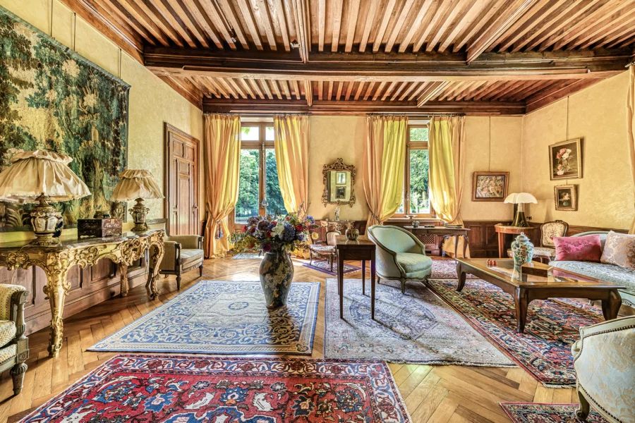 Salle à manger du château et parc remarquable aux portes de Bourg-en-Bresse à vendre - Arrière-Cour, agence immobilière spécialisée dans l'Ain