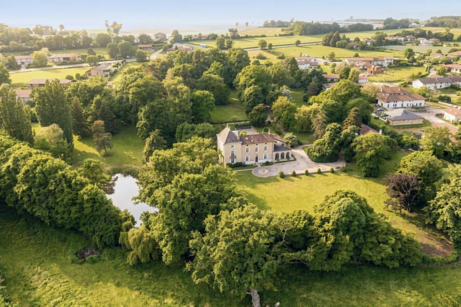 Vue drone du château et parc remarquable aux portes de Bourg-en-Bresse à vendre - Arrière-Cour, agence immobilière spécialisée dans l'Ain
