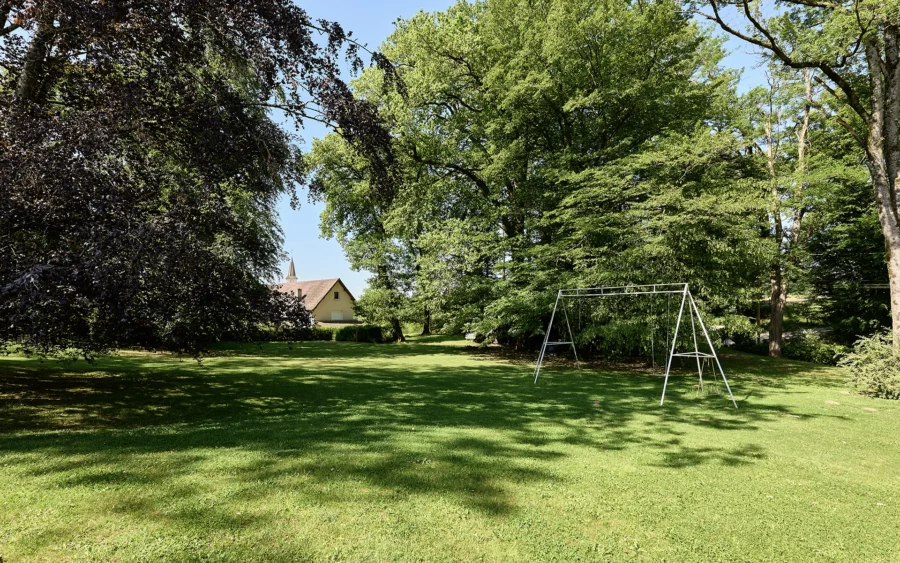 Jardin de la maison de famille à l'orée de la forêt de Chaux à vendre - Arrière-Cour, agence immobilière spécialisée dans le Jura