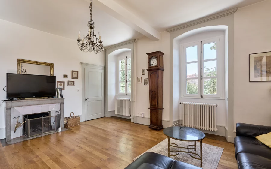 Salon de la maison de maître dans le Jura à vendre - Arrière-Cour, agence immobilière spécialisée dans le Jura