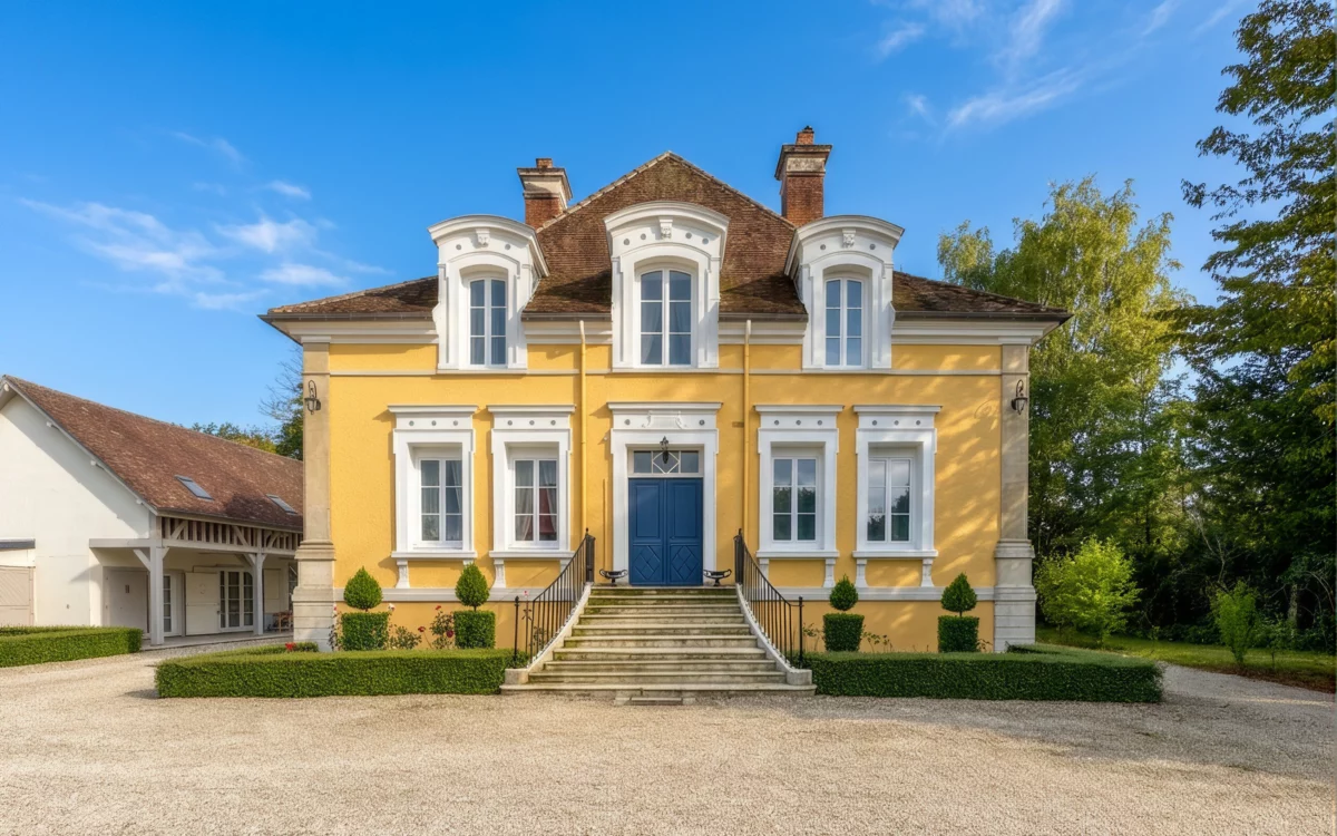 Façade lumineuse de la maison de maître rénovée près de Troyes à vendre - Arrière-Cour, agence immobilière spécialisée dans l'Aube