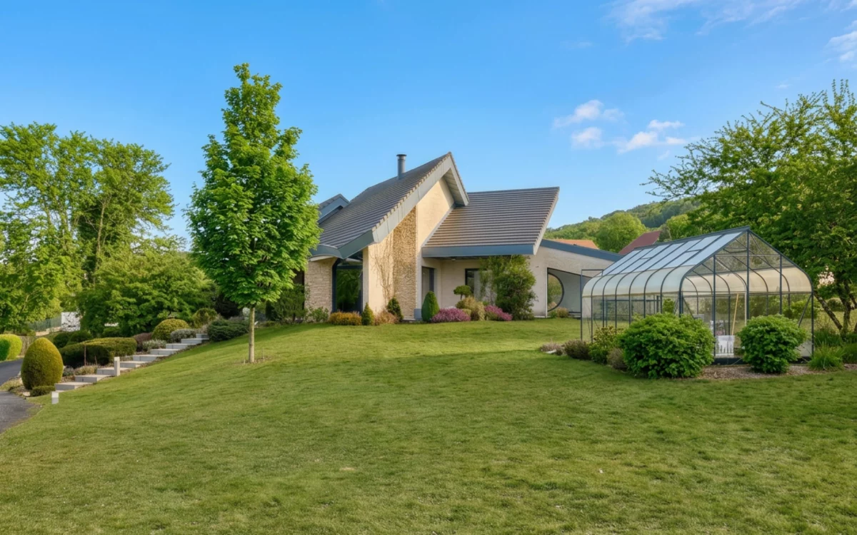 Façade et jardin de la maison d’architecte à Glainans à vendre - Arrière-Cour, agence immobilière spécialisée dans le Doubs