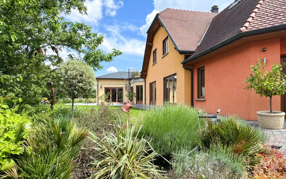 Façade colorée de la villa proche de Colmar - Arrière-Cour immobilier, agence immobilière spécialisée en Bourgogne Franche-Comté