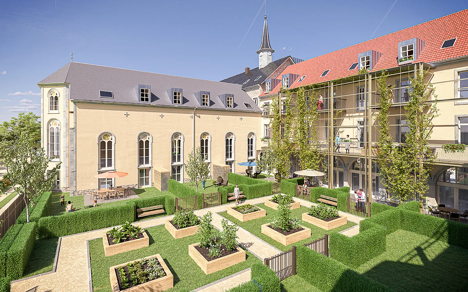 Verdure et façade de l'appartement atypique dans l’ancienne chapelle Saint-Joseph à Besançon à vendre - Arrière-Cour, agence immobilière spécialisée dans le Doubs