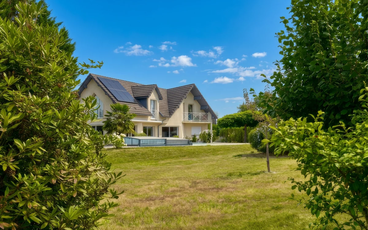 Façade lumineuse d'une maison familiale avec piscine à Besançon à vendre - Arrière-Cour, agence immobilière spécialisée dans le Doubs