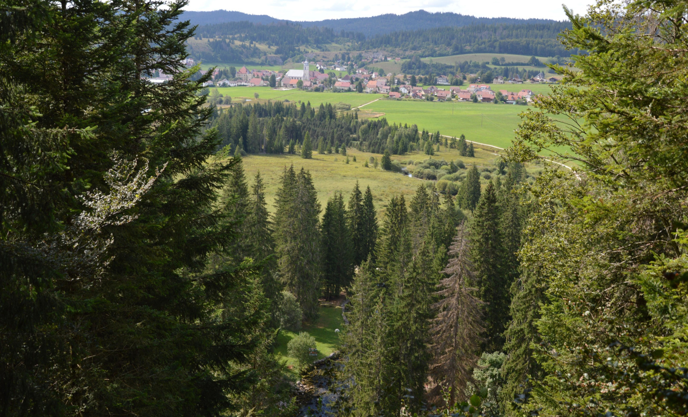 Village au bord d’un lac entouré de forêts en Franche-Comté